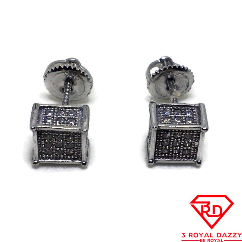 Small Box White Cz Stud Earring 14k White Gold